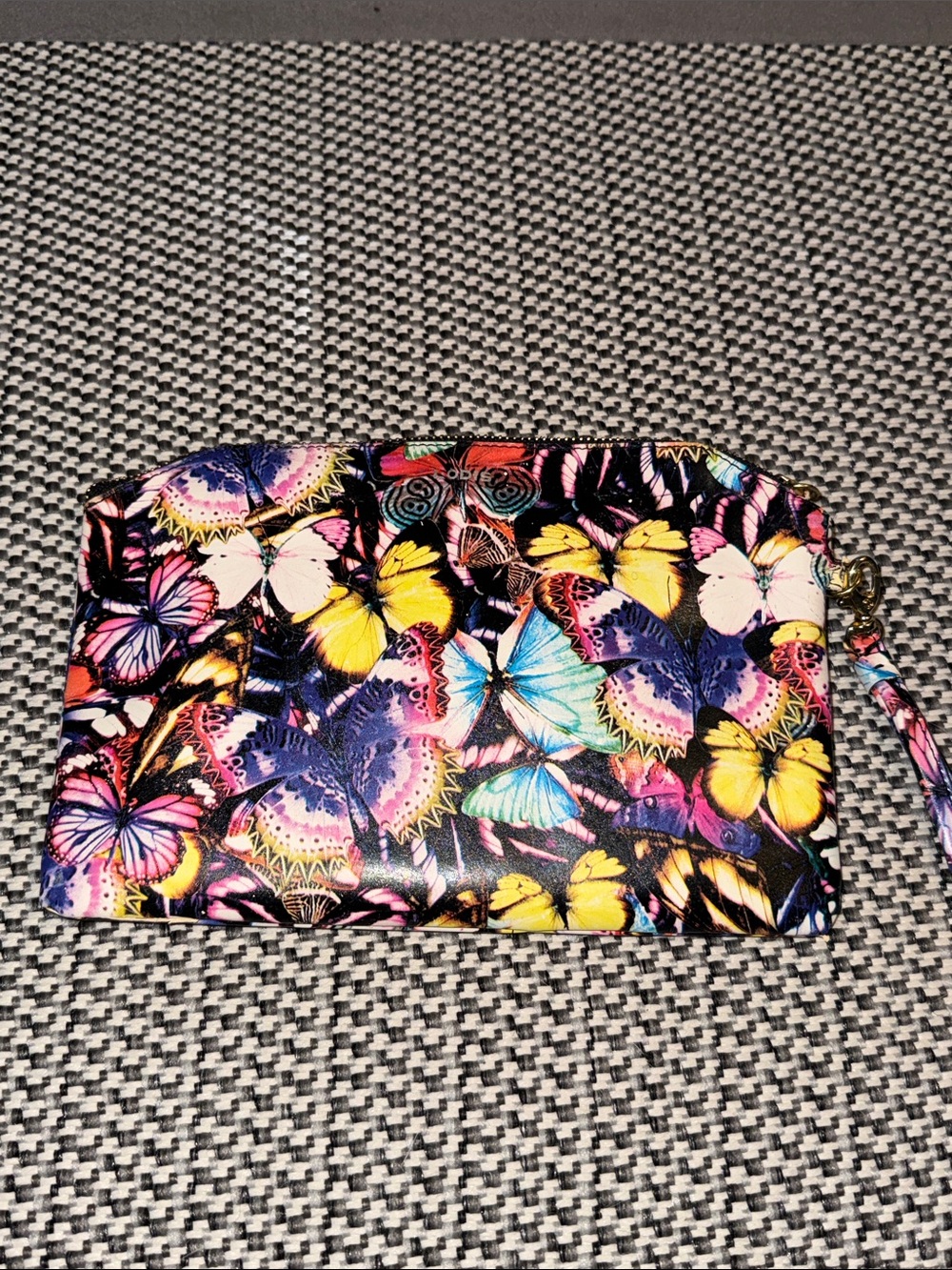 LODIS Multicolor Butterfly Wristlet — Yellow Pink Blue Purple on Black